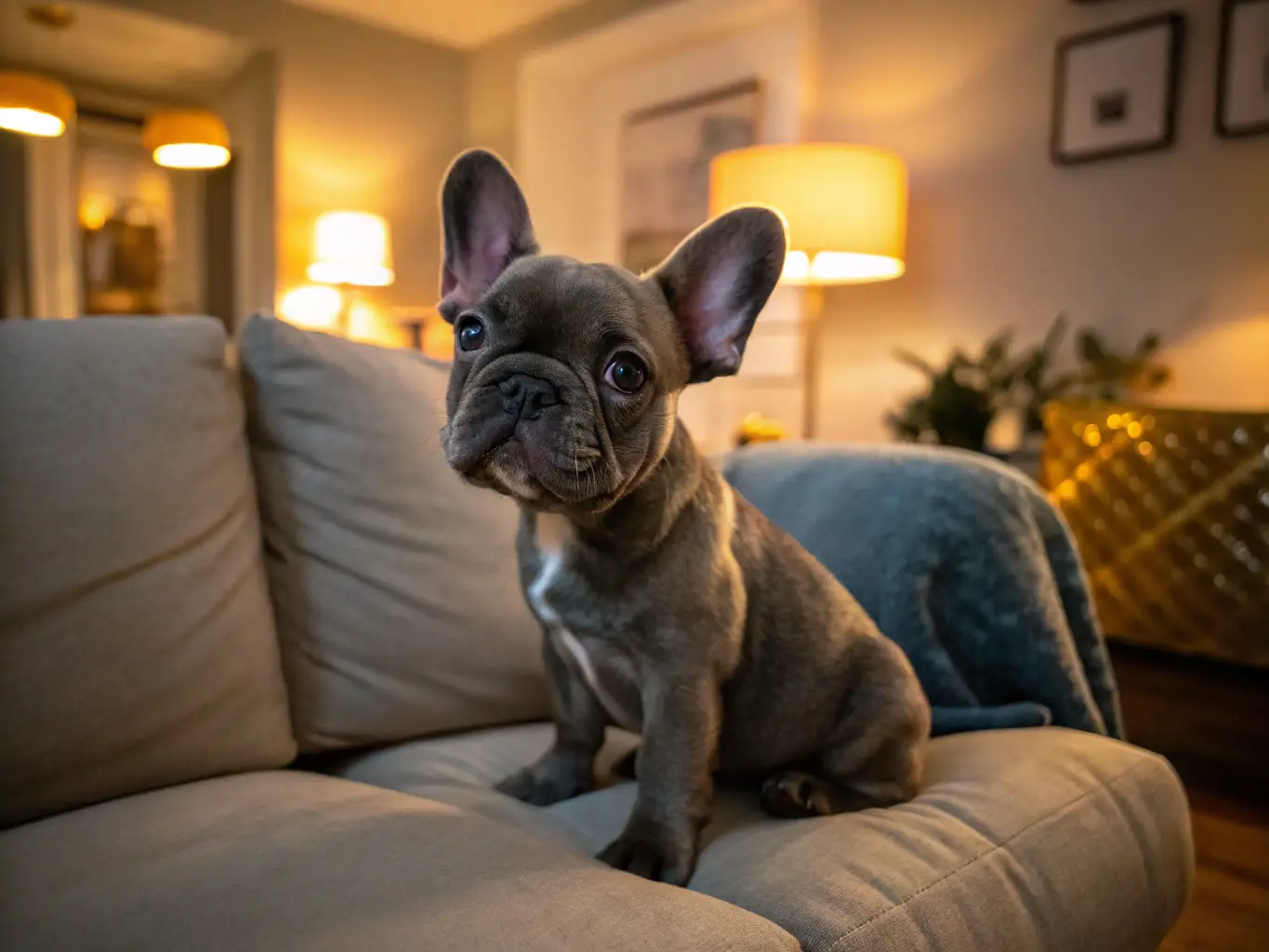 A high-quality image of a cream-colored French Bulldog puppy with a black mask, lying comfortably on a plush blanket, showcasing its relaxed and gentle temperament.