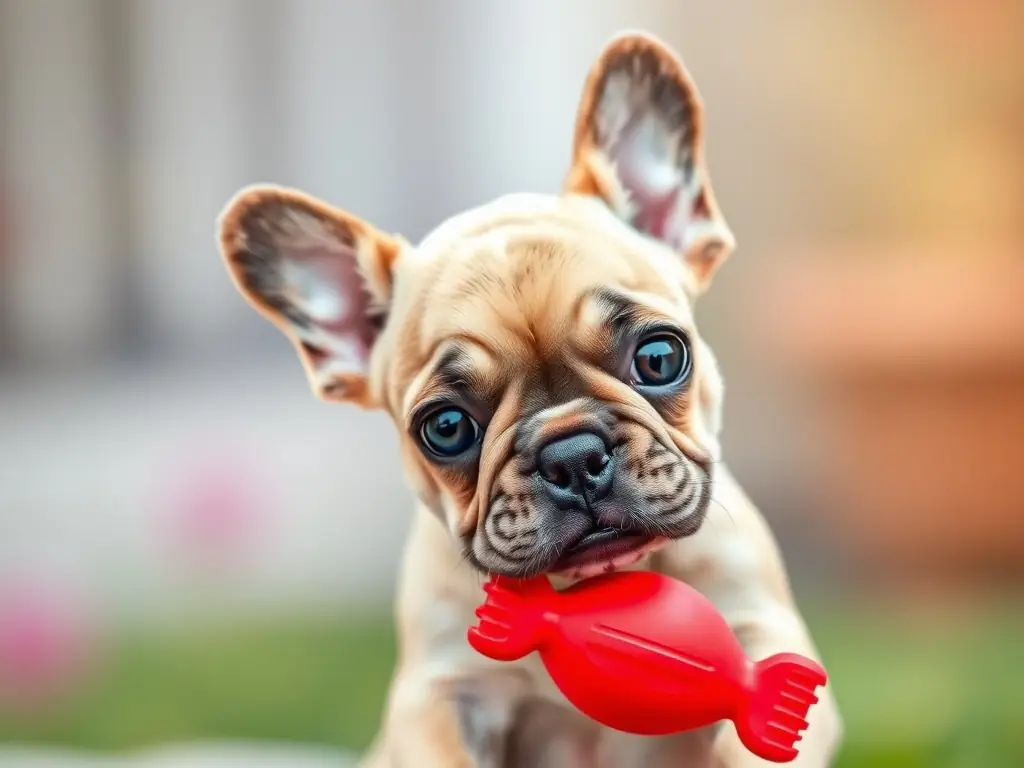 A close-up shot of a playful, fawn-colored French Bulldog puppy with bright blue eyes, sitting in a grassy field with a blurred background of flowers, emphasizing its adorable features and healthy appearance.